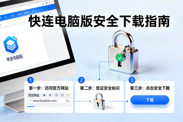 快连电脑版安全下载指南图解：显示电脑屏幕与安全锁图标