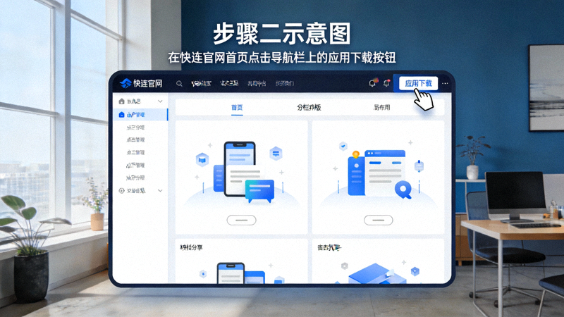 步骤二示意图：在快连官网首页点击导航栏上的应用下载按钮