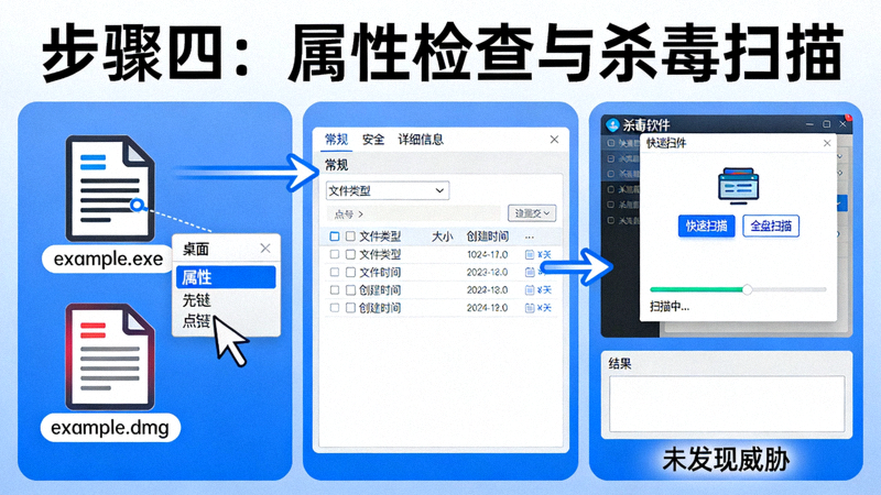 步骤四示意图：显示对下载的.exe或.dmg文件进行右键点击属性检查以及杀毒软件扫描过程的示意图