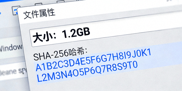电脑屏幕上显示下载完成的文件属性对话框，突出显示文件大小和哈希值验证区域