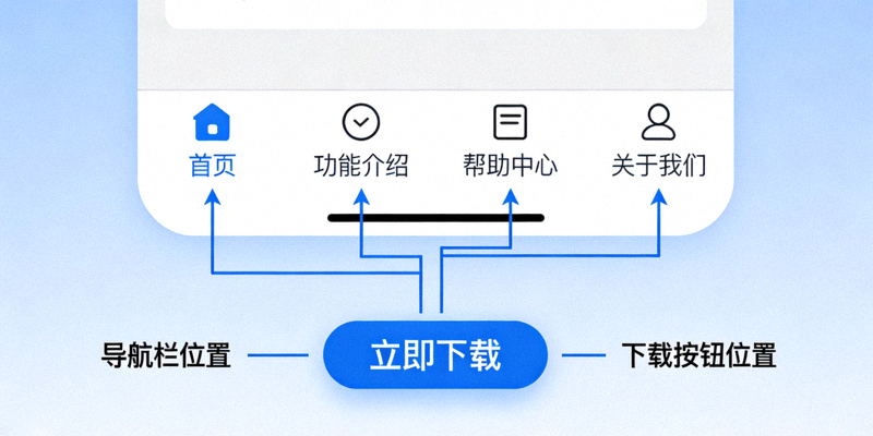 快连官网导航栏与应用下载按钮位置示意图