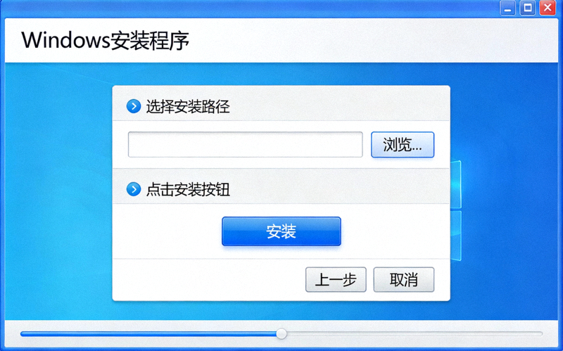 Windows系统安装向导界面，显示选择安装路径和点击安装按钮的步骤截图示意