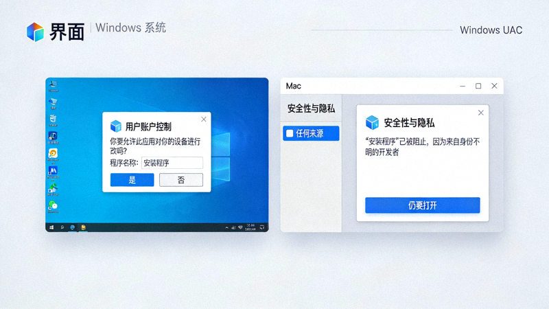 Windows系统以管理员身份运行安装程序与Mac系统安全性与隐私设置的界面示意图
