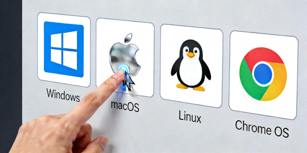 展示四个不同操作系统平台选择界面的示意图，用户正在点击Windows图标